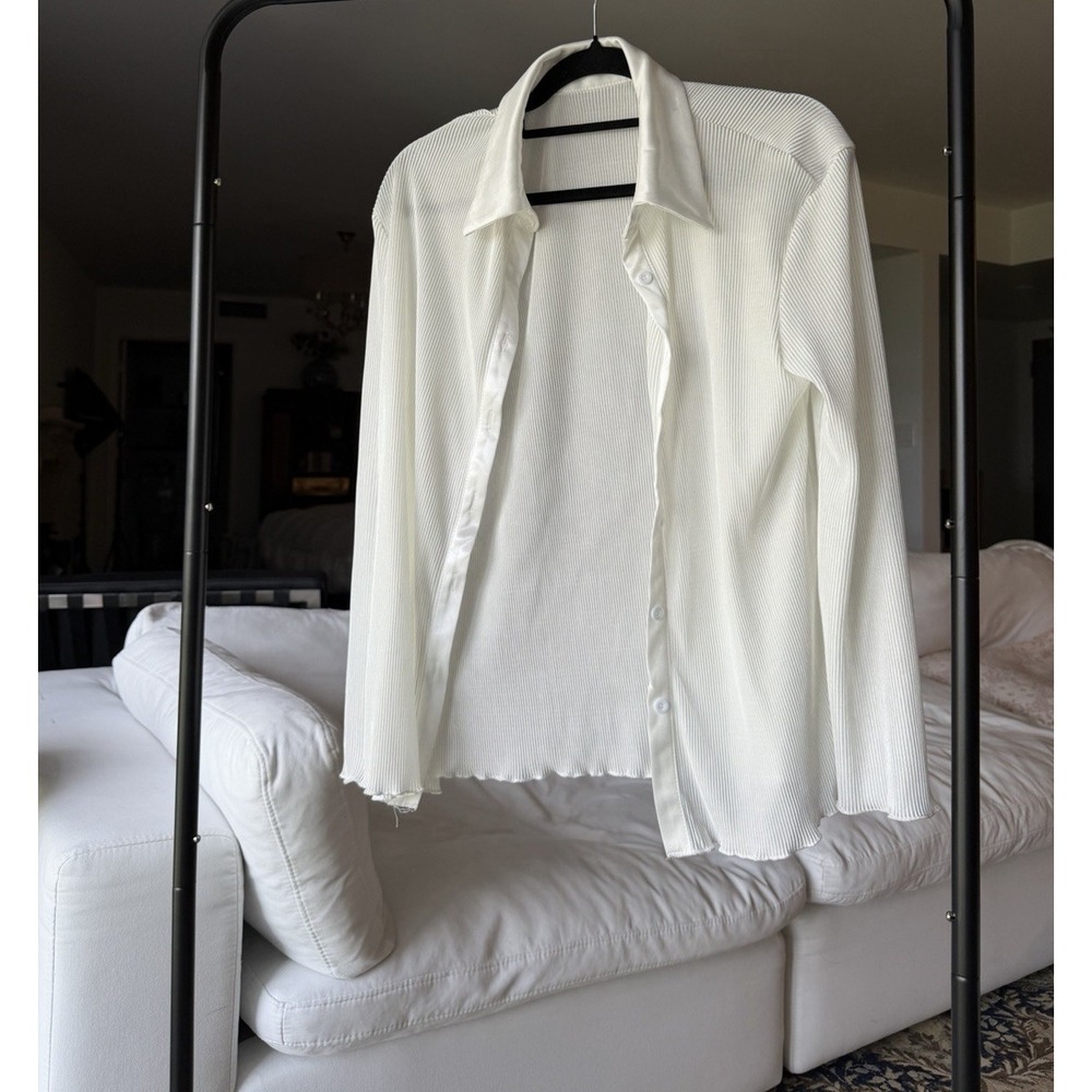 White Collared Button-Up Blouse Shirt Top Long Sleeve Women's S